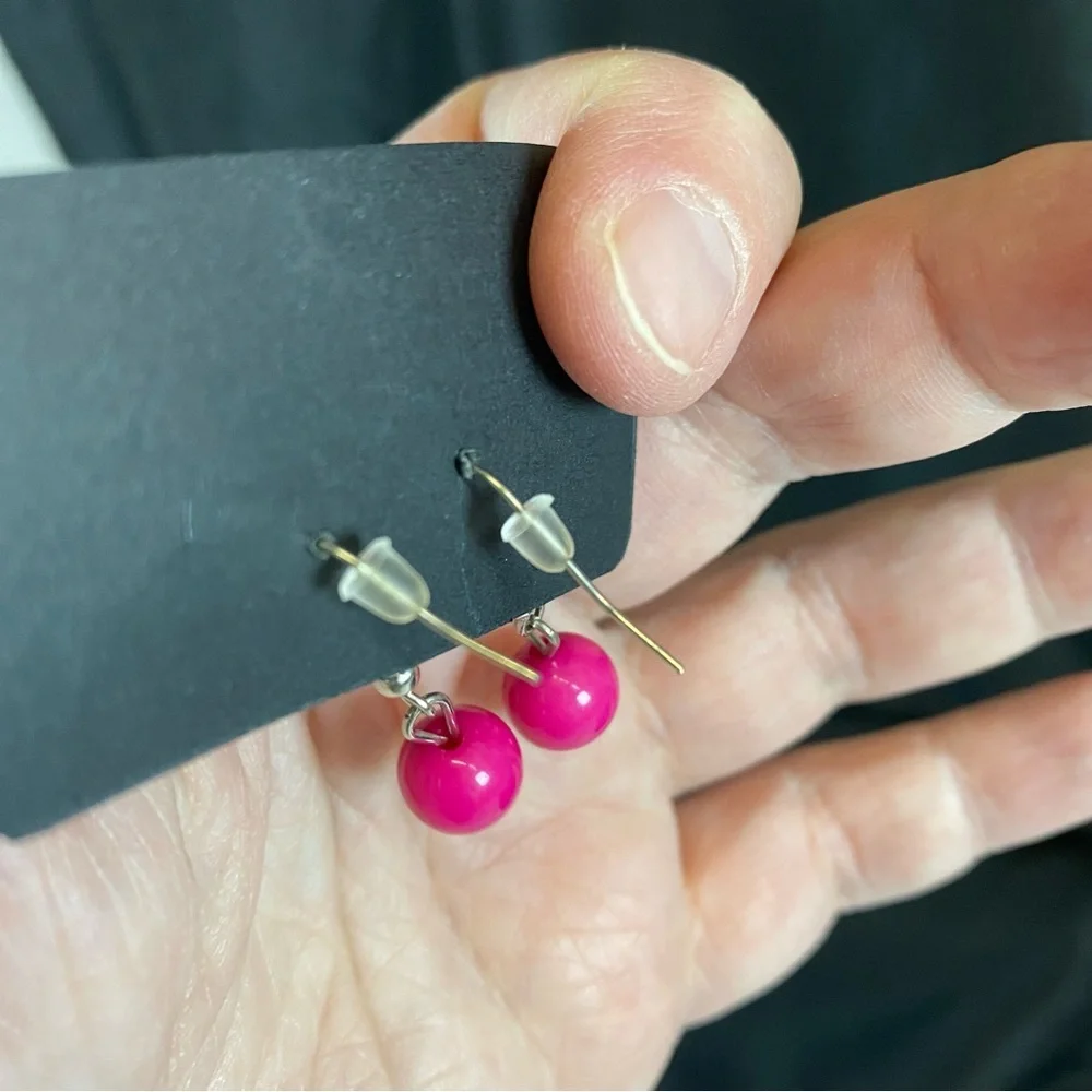 Hot Pink Bead Dangle Earrings - Picture 2 of 3